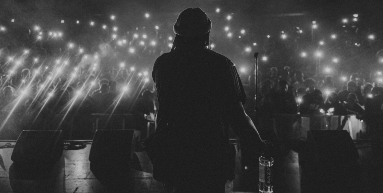 Crowd at stage holding phone lights